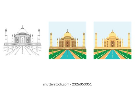 Taj Mahal illustration, famous world landmark. White marble mausoleum in the Indian city of Agra, Uttar Pradesh. Travel vector illustration, line and flat style.