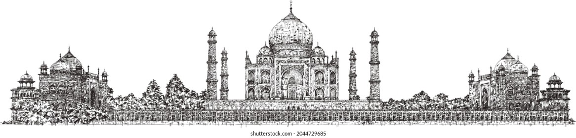 Taj Mahal, India, Agra. Complejo arquitectónico. Mausoleo-mezquita. India. Turismo. Lugares de la India. Edificios antiguos. Monumentos arquitectónicos. Postal de época. Ilustración vectorial dibujada a mano