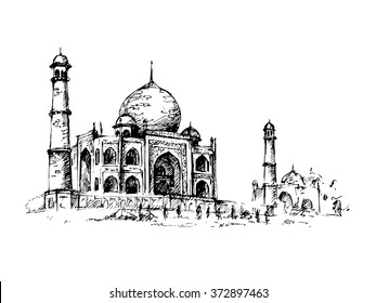 Taj Mahal, India. Vector Hand Drawn Illustration.