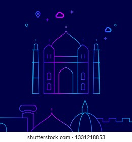 Taj Mahal, India Vector Line Illustration. Historical Landmarks Gradient Icon, Symbol, Pictogram, Sign. Dark Blue Background. Light Abstract Geometric Background. Related Bottom Border