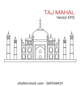 Taj Mahal, India. Vector line flat icon isolated on white background.