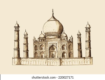 Taj Mahal, India in vintage hand drawn illustration 