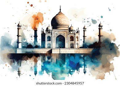 Taj Mahal India Watercolor painting Abstract background.