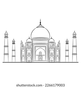 Taj Mahal. Indian marble mausoleum of Mughal emperor Shah Jahan and his wife Mumtaz Mahal in Agra. Historical medieval monument. Black and white linear silhouette.