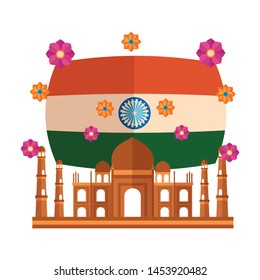 taj mahal indian mosque with flag and flowers vector illustration design