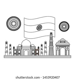 taj mahal indian and mosques with flag vector illustration design