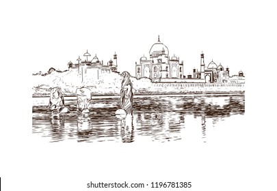 The Taj Mahal is an ivory-white marble mausoleum on the south bank of the Yamuna river in the Indian city of Agra. Hand drawn sketch illustration in vector.