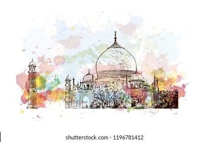 The Taj Mahal is an ivory-white marble mausoleum on the south bank of the Yamuna river in the Indian city of Agra. Watercolor splash with Hand drawn sketch illustration in vector.