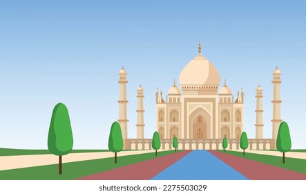 Taj Mahal. Landmark, architecture, hindu temple in the Indian city of Agra, Uttar Pradesh. Vector illustration