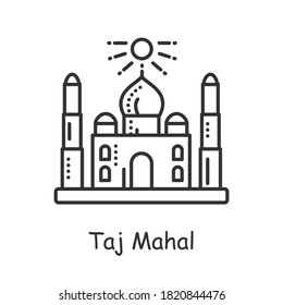 Taj Mahal Line Icon. Ancient White Hindu Temple. Indian Landmark. Palace In Agra. Traditional Mausoleum-mosque. Indian Culture, Traditions And Customs. Isolated Vector Illustration. Editable Stroke 