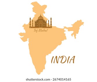 Taj Mahal con la ubicación en el mapa. India. Ilustración vectorial.