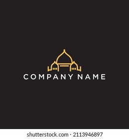  taj mahal logo outline islamic muslim designs, simple premiume vector template design on gold colour 