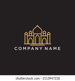  taj mahal logo outline islamic muslim designs, simple premiume vector template design on gold colour 