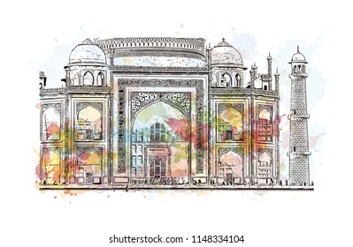 Taj Mahal, Mausoleum in Agra, Uttar Pradesh, India. Watercolor splash with Hand drawn sketch illustration in vector.