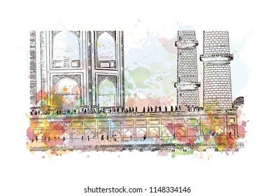 Taj Mahal, Mausoleum in Agra, Uttar Pradesh, India. Watercolor splash with Hand drawn sketch illustration in vector.