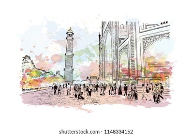 Taj Mahal, Mausoleum in Agra, Uttar Pradesh, India. Watercolor splash with Hand drawn sketch illustration in vector.
