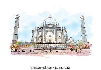 Taj Mahal, Mausoleum in Agra, Uttar Pradesh, India. Watercolor splash with Hand drawn sketch illustration in vector.