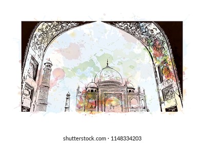 Taj Mahal, Mausoleum in Agra, Uttar Pradesh, India. Watercolor splash with Hand drawn sketch illustration in vector.