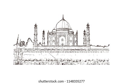 Taj Mahal, Mausoleum in Agra, Uttar Pradesh, India. Hand drawn sketch illustration in vector.