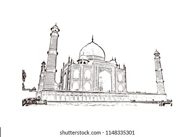 Taj Mahal, Mausoleum in Agra, Uttar Pradesh, India. Hand drawn sketch illustration in vector.