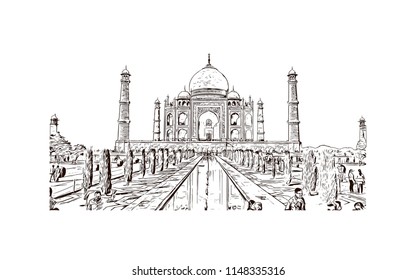Taj Mahal, Mausoleum in Agra, Uttar Pradesh, India. Hand drawn sketch illustration in vector.