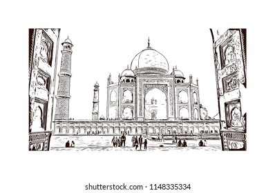 Taj Mahal, Mausoleum in Agra, Uttar Pradesh, India. Hand drawn sketch illustration in vector.