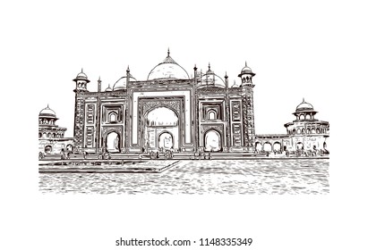 Taj Mahal, Mausoleum in Agra, Uttar Pradesh, India. Hand drawn sketch illustration in vector.