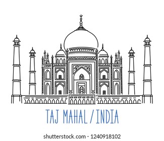 Taj Mahal mausoleum, India. Hand drawn outline vector illustration isolated on white background