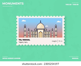 Taj Mahal Monument Postage Briefmarkendesign mit InformationsVektorgrafik Design