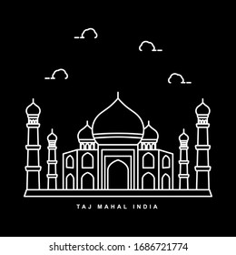 Taj Mahal Mosque Illustration. India Building Landmark. Outline Icon Vector Design