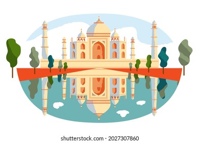 Taj Mahal mosque in India. Traditional national building with reflection in water with trees vector illustration. Tourism in India, famous architectural symbol on white background.