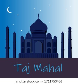 Taj Mahal. Night, moon, stars. Mausoleum of the White Marble Mosque in Agra, India, on the banks of the Yamuna River in Agra. Indian, Persian and Arabian architecture. Temple of the Ancient Palace.