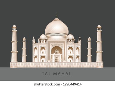 Taj Mahal auf grauem Hintergrund. indische Kulturarchitektur. Flache neue Stil historischen Anblick zeigt Attraktion Website Vektorgrafik. Mausoleum in Agra	