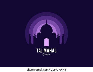 Taj Mahal auf Indien-Symbol. Modern Moonlight Logo der größten Country Vektorgrafik. Landschaftsdesign der Gedenkstätte-Illustration. EPS10