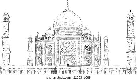 Taj Mahal, one of the 7 wonders of the world. Line illustration of the most famous temple in the world, perfect place for tourism and research