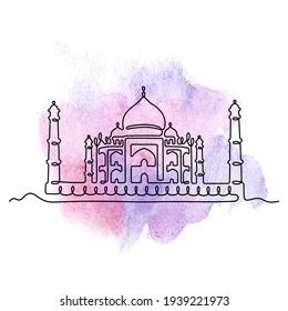 Taj Mahal one line drawing on watercolour background. Vector illustration.