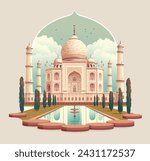 Taj Mahal is a palace in India. Mosque against the sky. Landmark, architecture, Hindu temple in the Indian city of Agra, Uttar Pradesh. Vector flat illustration