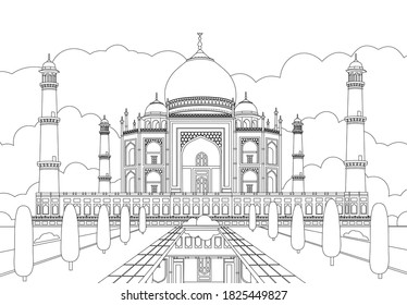 Taj Mahal is a palace in India. Mosque. Landmark, architecture, hindu temple in the Indian city of Agra, Uttar Pradesh. Vector linear illustration