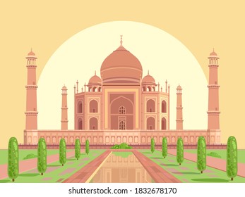 Taj Mahal is a palace in India. Mosque. Landmark, architecture, Hindu temple in the Indian city of Agra, Uttar Pradesh. Vector flat illustration