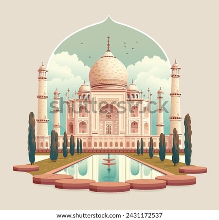 Taj Mahal is a palace in India. Mosque against the sky. Landmark, architecture, Hindu temple in the Indian city of Agra, Uttar Pradesh. Vector flat illustration