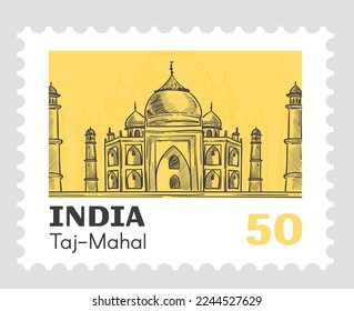 Taj mahal postmark, Indian sightseeing and famous places on postmark or postcard. Sending mail or making stamp collection. Postage mark or card, mailing and correspondence. Vector in flat style