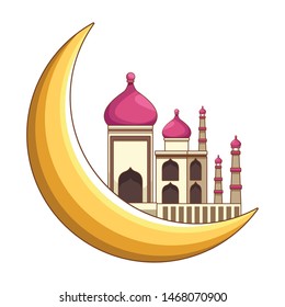 Taj mahal and quarter moon cartoon isolated vector illustration graphic design