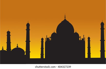 Taj Mahal of silhouette at the sunset