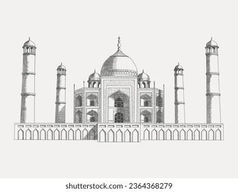Taj Mahal - sketch isolated on white background. Hand drawn sketch in vintage engraving style of white marble mausoleum mosque. Mughal architecture. Landmark of India. Vector illustration.