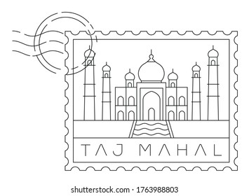 Sello Taj Mahal, ilustración lineal mínima de vector y diseño tipográfico, india Vector de stock