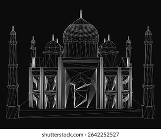 Taj Mahal stands majestically in a detailed black and white drawing, showcasing its intricate architectural details and symmetrical domes. The dark background enhances the monument's grandeur,.