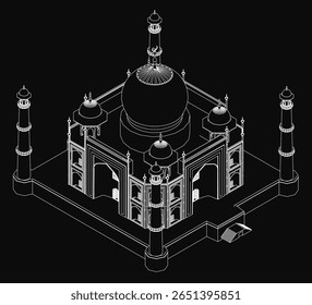 Taj Mahal stands majestically in a detailed black and white drawing, showcasing intricate architectural details against a dark background. The symmetrical domes and minarets highlight its grandeur.