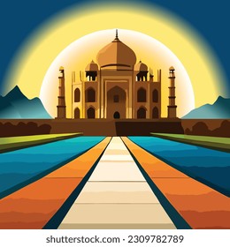 Taj Mahal at sunrise in Agra, India, vector, illustration, sunset, Muslim mosque, famous, world wonders, Taj Majal, cartoon, line art