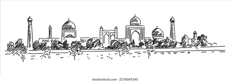 taj mahal and surrounding architecture in black and white hand-drawn style