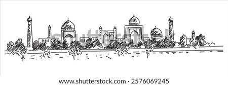 taj mahal and surrounding architecture in black and white hand-drawn style